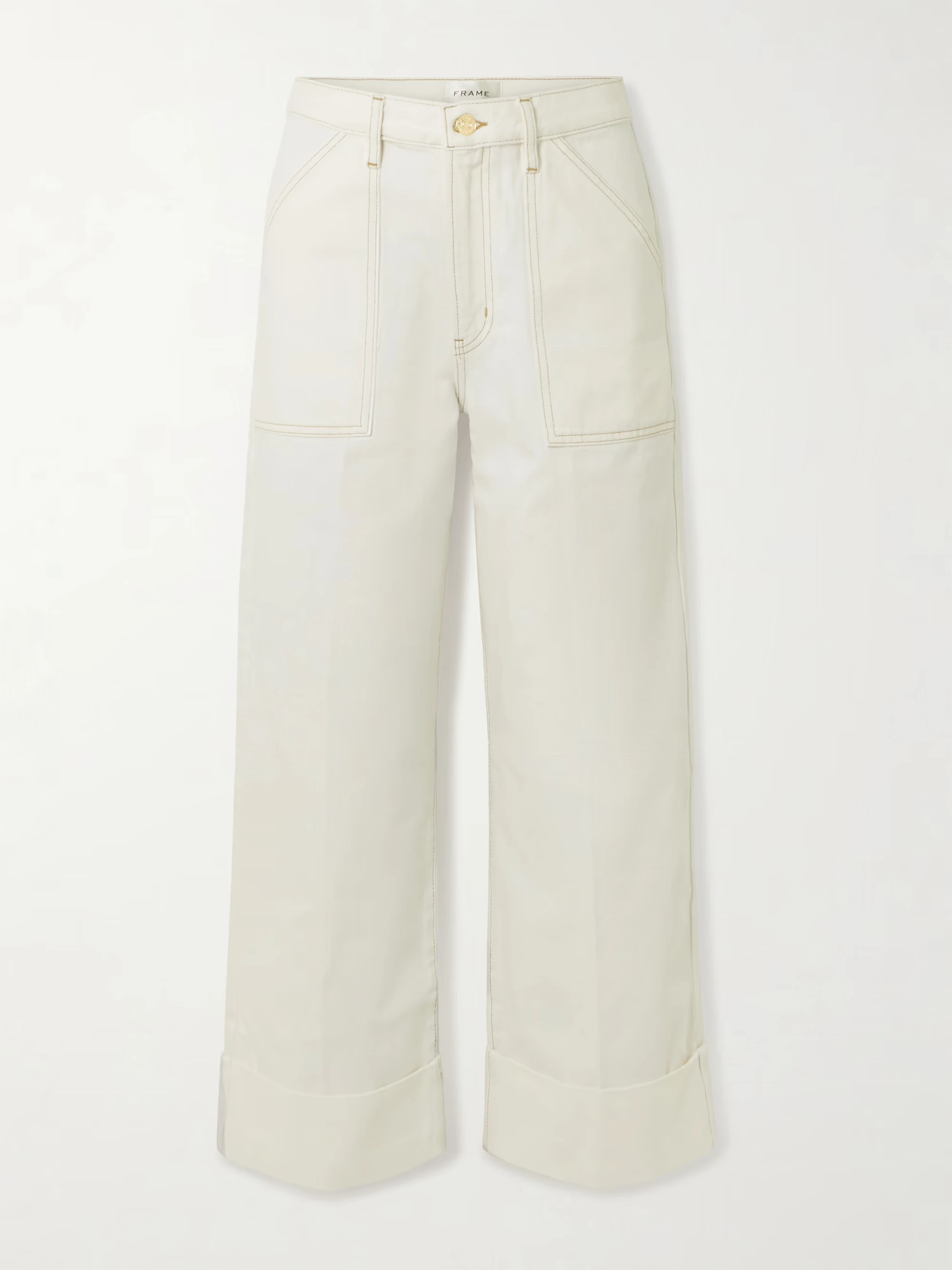Beige linen halterneck crop top _ Cult Gaia from Net-A-Porter; White straight-leg jeans _ Frame; Red crochet slingback flats _ Staud