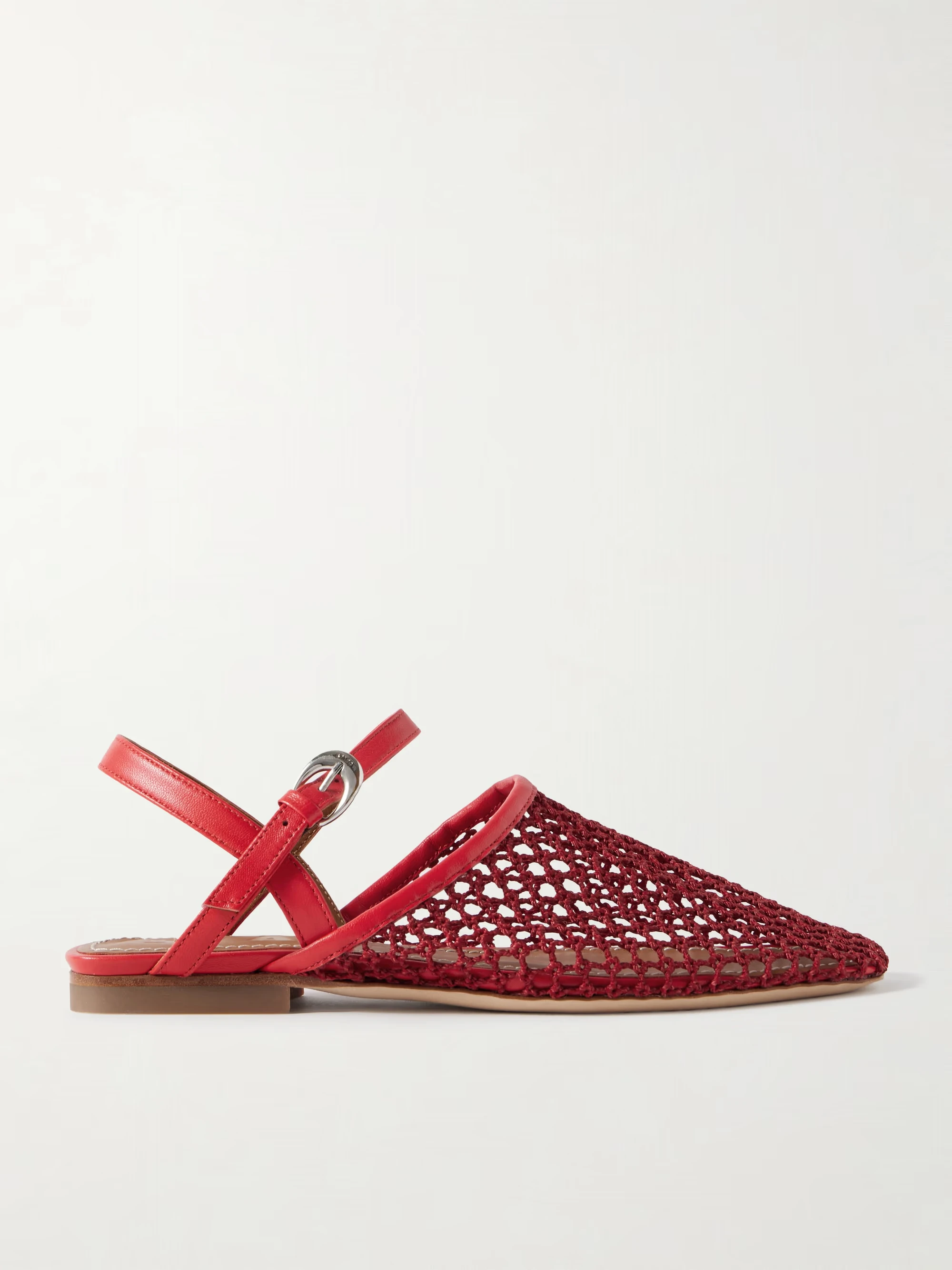Beige linen halterneck crop top _ Cult Gaia from Net-A-Porter; White straight-leg jeans _ Frame; Red crochet slingback flats _ Staud
