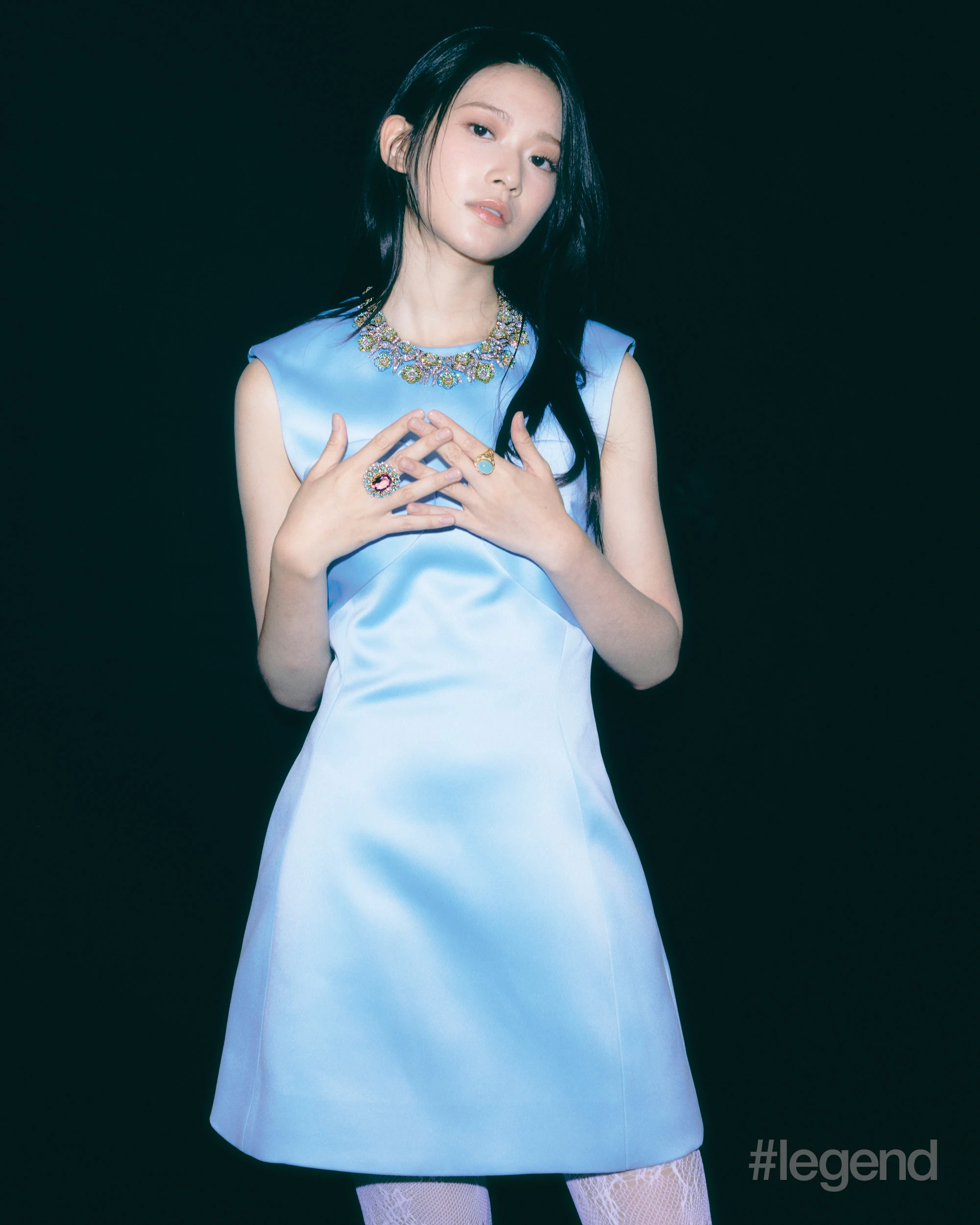 Buccellati Il Giardino di Buccellati High Jewellery collection necklace; Buccellati Cocktail ring in white and yellow gold, sets with 9.68 carats faceted Beryls; Buccellati Mari Color ring in yellow gold, sets with diamonds _ Buccellati; Dress and shoes _ Marc Jacobs 